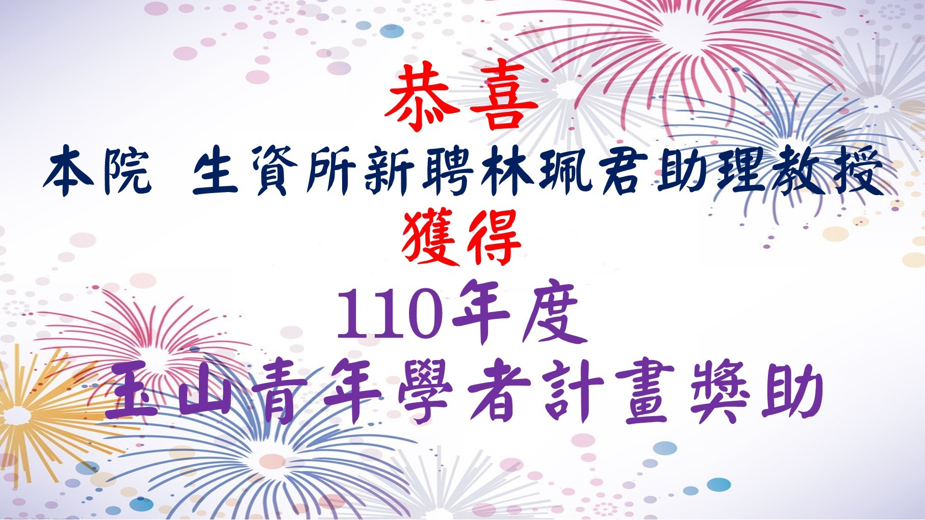 林珮君助理教授 獲得110年度玉山青年學者計畫獎助