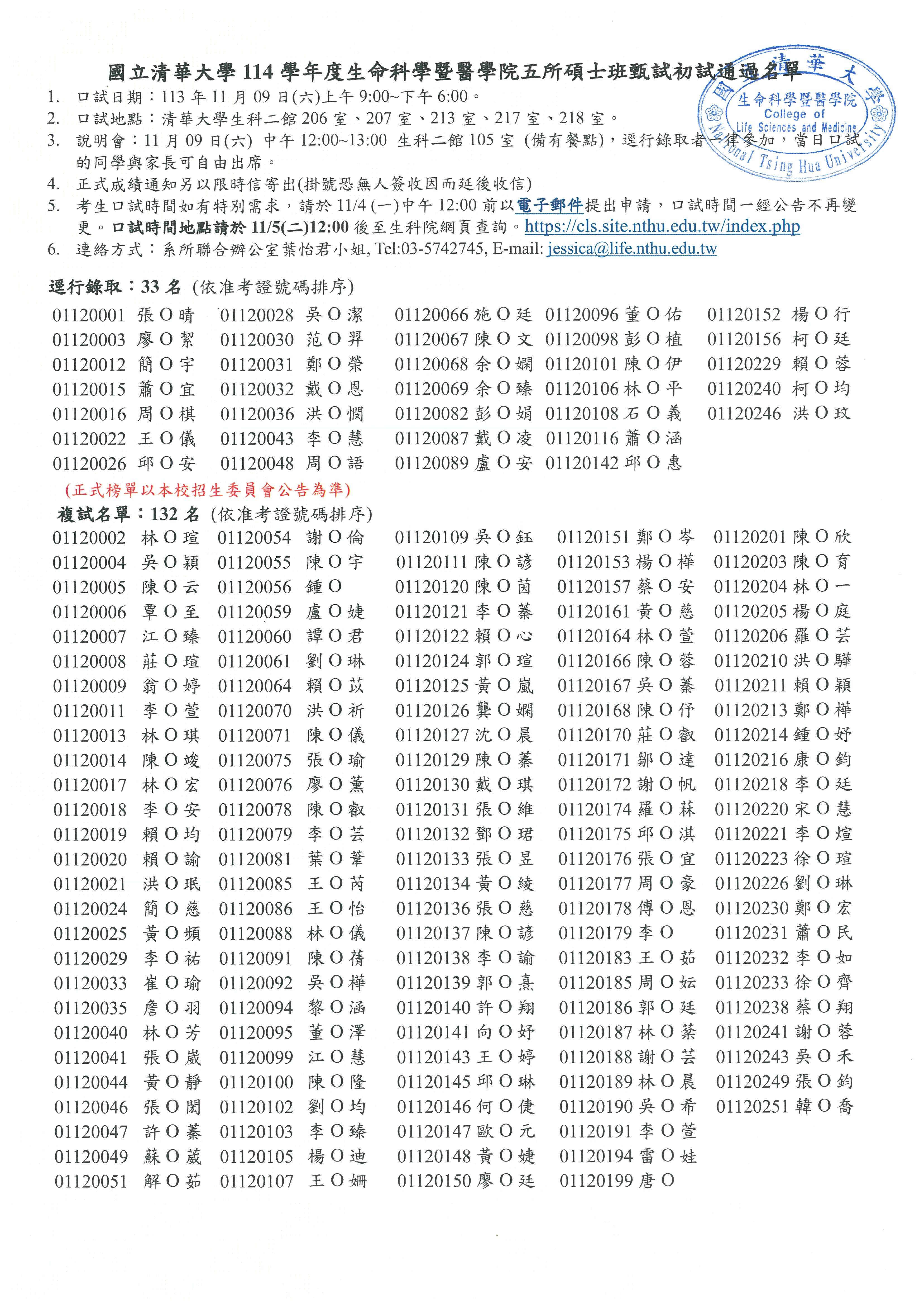 114學年度碩博士甄試初試通過名單