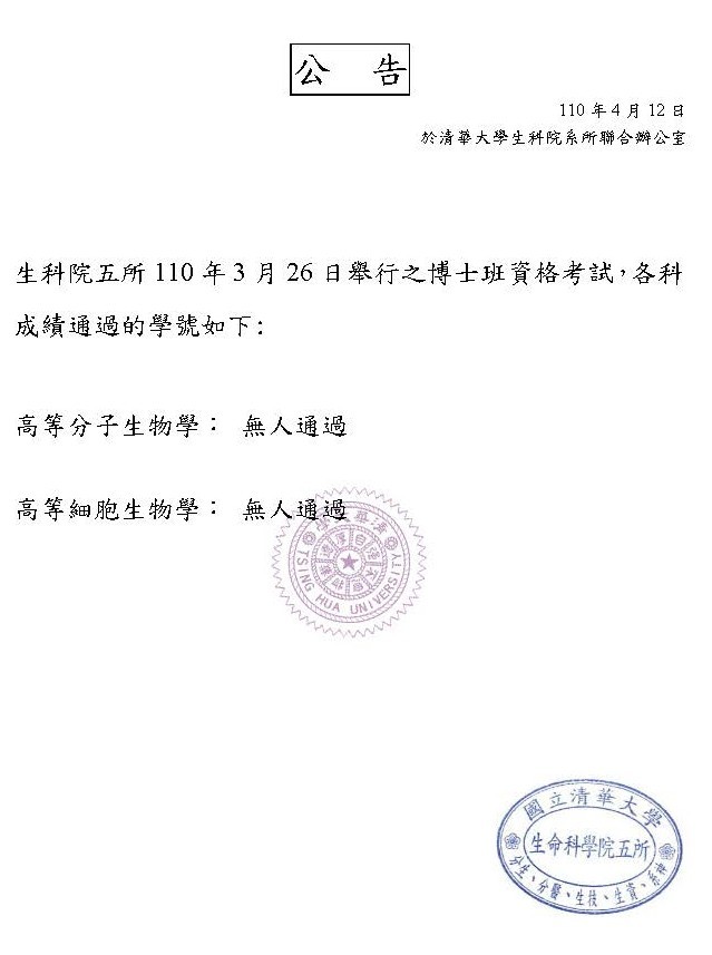 110.3.26博士班資格考通過名單公告
