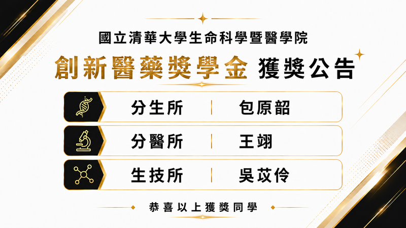 【榮譽榜】恭賀本院三位同學榮獲2026「清華創新醫藥獎學金」！圖片